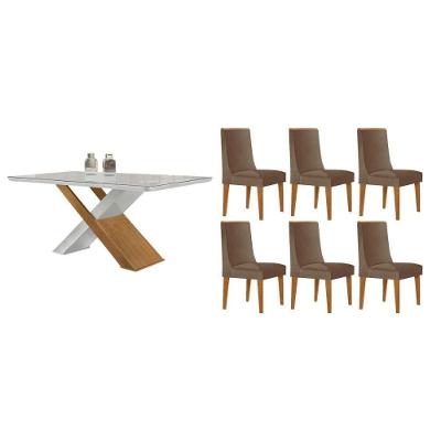 Sala de Jantar Imperatriz Curvo 6 Lugares Tampo MDF Cadeiras Estofadas Off White 180CM Móveis Rufato