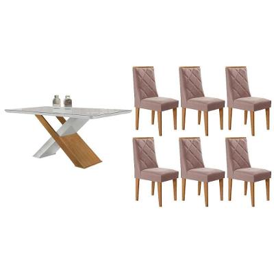 Sala de Jantar Imperatriz Curvo 6 Lugares Tampo MDF Cadeiras Estofadas Linho Capuccino 180CM Móveis