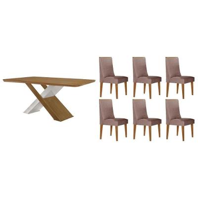 Sala de Jantar Imperatriz Curvo 6 Lugares Tampo MDF Cadeiras Estofadas Linho Capuccino 180CM Móveis