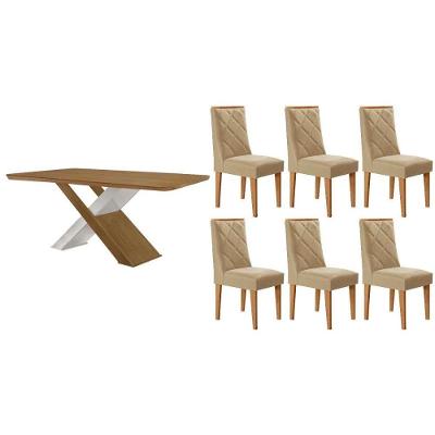 Sala de Jantar Imperatriz Curvo 6 Lugares Tampo MDF Cadeiras Linho Bege 180CM Móveis Rufato