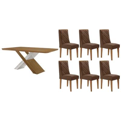 Sala de Jantar Imperatriz Curvo 6 Lugares Tampo MDF Cadeiras Suede Marrom 180CM Móveis Rufato