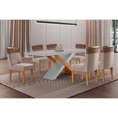 Sala de Jantar Imperatriz Curvo 6 Lugares Tampo MDF Cadeiras Estofadas Suede Capuccino 180CM Móveis