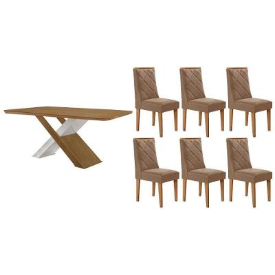 Sala de Jantar Imperatriz Curvo 6 Lugares Tampo MDF Cadeiras Suede Capuccino 180CM Móveis Rufato