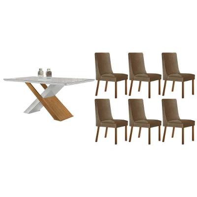 Sala de Jantar Imperatriz Curvo 6 Lugares Tampo MDF Cadeiras Estofadas Suede Capuccino 180CM Móveis