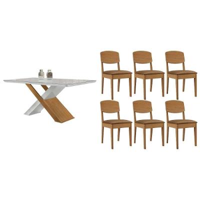 Sala de Jantar Imperatriz Curvo 6 Lugares Tampo MDF Cadeiras Suede Capuccino 180CM Móveis Rufato