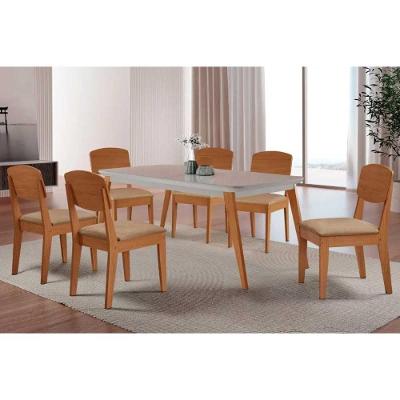 Sala de Jantar Havana 6 Lugares Tampo MDF com Cadeiras Estofadas Linho Bege 180CM Móveis Rufato