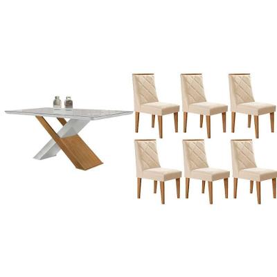 Sala de Jantar Imperatriz Curvo 6 Lugares Tampo MDF Cadeiras Suede Creme 180CM Móveis Rufato