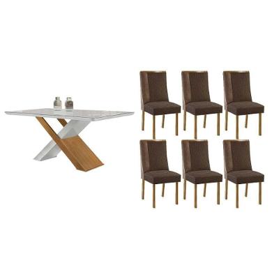 Sala de Jantar Imperatriz Curvo 6 Lugares Tampo MDF Cadeiras Suede Marrom 180CM Móveis Rufato