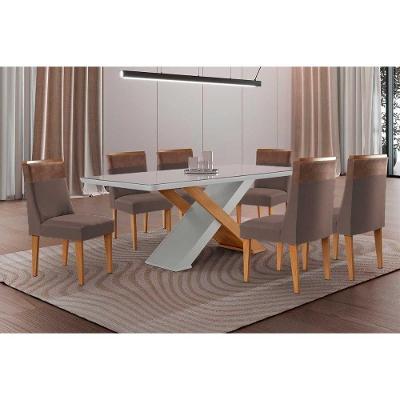Sala de Jantar Imperatriz Curvo 6 Lugares Tampo MDF Cadeiras Suede Marrom 180CM Móveis Rufato