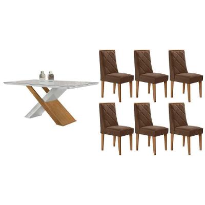 Sala de Jantar Imperatriz Curvo 6 Lugares Tampo MDF Cadeiras Suede Marrom 180CM Móveis Rufato