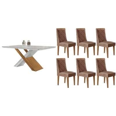 Sala de Jantar Imperatriz Curvo 6 Lugares Tampo MDF com Cadeiras Pietá Off White 180CM Móveis Rufato