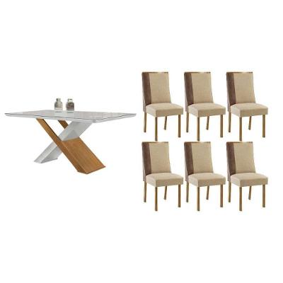 Sala de Jantar Imperatriz Curvo 6 Lugares Tampo MDF com Cadeiras Estofadas Linho Bege 180CM Móveis