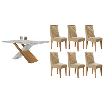 Sala de Jantar Imperatriz Curvo 6 Lugares Tampo MDF com Cadeiras Estofadas Linho Bege 180CM Móveis