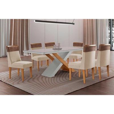 Sala de Jantar Imperatriz Curvo 6 Lugares Tampo MDF Cadeiras Suede Off White 180CM Móveis Rufato