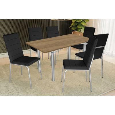 Sala de Jantar Elba 6 Lugares Tampo MDF Cadeiras Cromadas Assento Corino Café 160CM Kappesberg