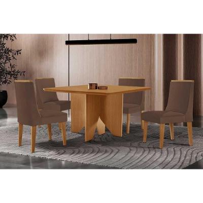 Sala de Jantar Nevada 4 Lugares Tampo MDF com Cadeiras Estofadas Suede Marrom 90X90CM Móveis Rufato