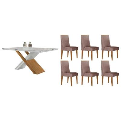 Sala de Jantar Imperatriz Curvo 6 Lugares Tampo MDF com Cadeiras Linho Capuccino 180CM Móveis Rufato