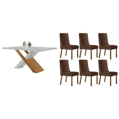 Sala de Jantar Imperatriz Curvo 6 Lugares Tampo MDF Design Retangular Amadeirado 180CM Móveis Rufato