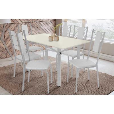 Sala de Jantar Elba 6 Lugares Tampo MDF com Vidro e Cadeiras Off White 160CM Kappesberg
