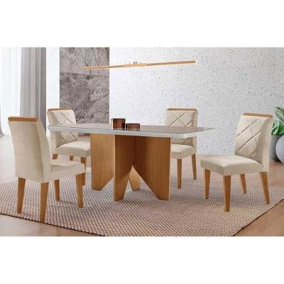 Sala de Jantar Mesa Nevada Curvo 4 Lugares Tampo MDF com Cadeiras Estofadas Suede Off White 120CM