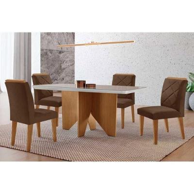 Sala de Jantar Mesa Nevada Curvo 4 Lugares Tampo MDF com Cadeiras Estofadas Suede Madeira Naturale