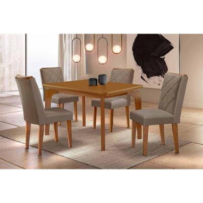 Sala de Jantar Londrina Curvo 4 Lugares Tampo MDF Cadeiras Estofadas Corino Capuccino 120CM Móveis