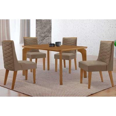 Sala de Jantar Londrina Curvo 4 Lugares Tampo MDF Cadeiras Estofadas Suede Capuccino 120CM Móveis