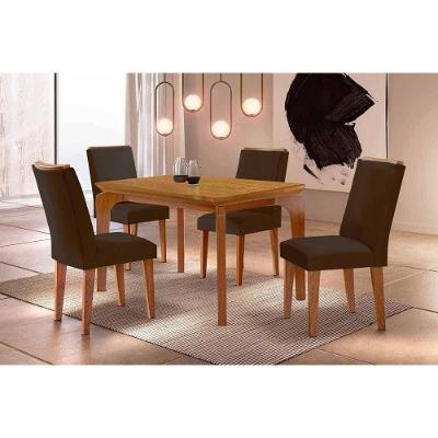 Sala de Jantar Londrina Curvo 4 Lugares Tampo MDF Cadeiras Estofadas Suede Marrom 120CM Móveis