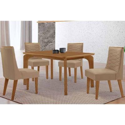Sala de Jantar Londrina Curvo 4 Lugares Tampo MDF Cadeiras Estofadas Suede Capuccino 120CM Móveis