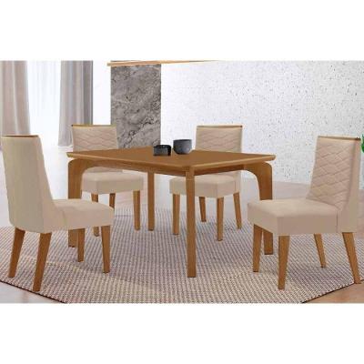 Sala de Jantar Londrina Curvo 4 Lugares Tampo MDF Cadeiras Estofadas Suede Creme 120CM Móveis Rufato