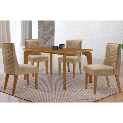 Sala de Jantar Londrina Curvo 4 Lugares Tampo MDF com Cadeiras Estofadas Linho Bege 120CM Móveis