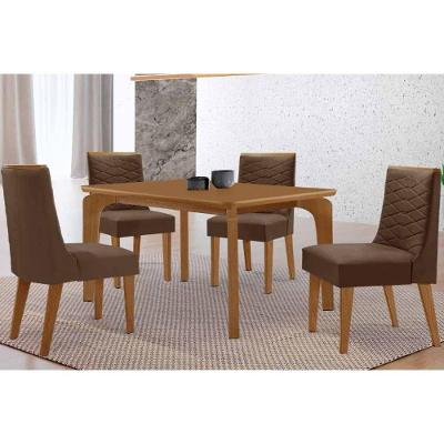Sala de Jantar Londrina Curvo 4 Lugares Tampo MDF com Cadeiras Estofadas Suede Marrom 120CM Móveis