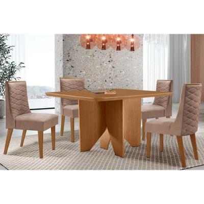 Sala de Jantar Nevada 4 Lugares Tampo MDF Canto Curvo 90x90cm Cadeiras Estofadas Linho Capuccino