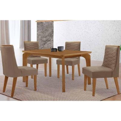 Sala de Jantar Londrina Curvo 4 Lugares Tampo MDF com Cadeiras Suede Capuccino 120CM Móveis Rufato