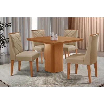Sala de Jantar Maldivas 4 Lugares Tampo MDF Bordas Arredondadas Linho Bege 90x90CM Móveis Rufato