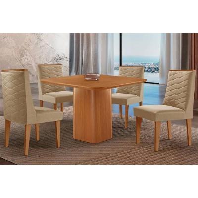 Sala de Jantar Maldivas 4 Lugares Tampo MDF Bordas Arredondadas Linho Bege 90x90cm Móveis Rufato