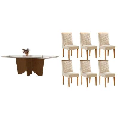 Sala de Jantar Mesa Nevada Curvo 6 Lugares Tampo MDF com Bordas Arredondadas Amadeirado 180CM Móveis