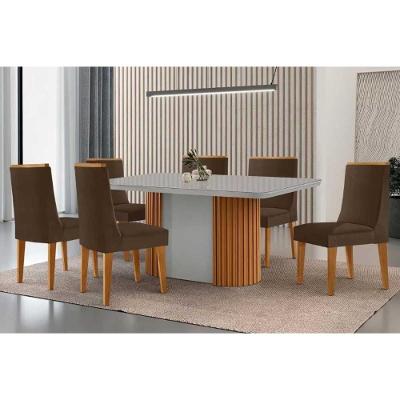 Sala de Jantar Mesa Pilar Curvo 6 Lugares Tampo MDF com Vidro Flex Naturale 180CM Móveis Rufato