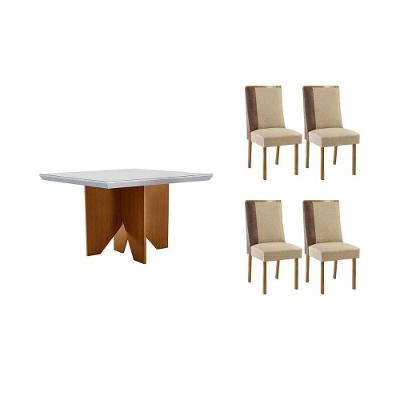 Sala de Jantar Mesa Nevada Curvo 4 Lugares Tampo em MDF com Cadeiras Estofadas Suede 90CM Móveis