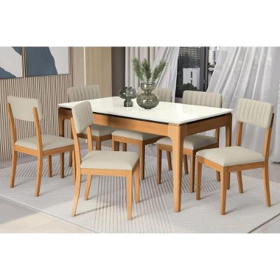 Sala de Jantar Mesa Premium 6 Lugares Tampo em MDF com Vidro e Cadeiras Telma Linho Bege Areia