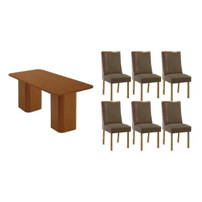 Sala de Jantar Maldivas 6 Lugares Tampo MDF Canto Curvo Amadeirado 180x90cm Móveis Rufato