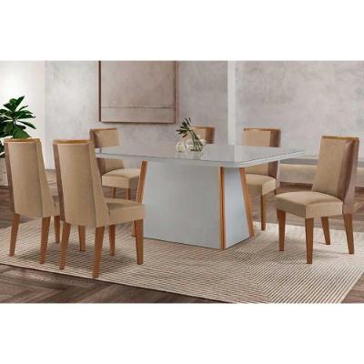 Sala de Jantar Mesa Tilia Curvo 6 Lugares Tampo em MDF com Cadeiras Suede Off White 180CM Móveis