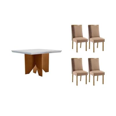Sala de Jantar Mesa Nevada Curvo 4 Lugares Tampo em MDF com Cadeiras Estofadas Amadeirado 90CM