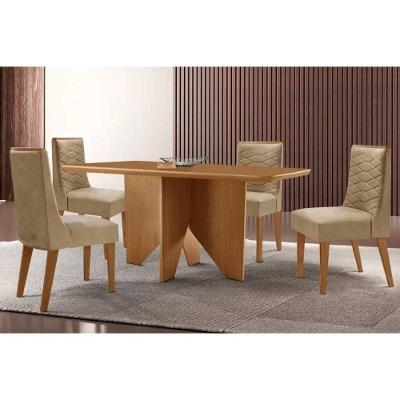 Sala de Jantar Mesa Nevada Curvo 4 Lugares Tampo MDF com Cadeiras Estofadas Linho Bege 120CM Móveis