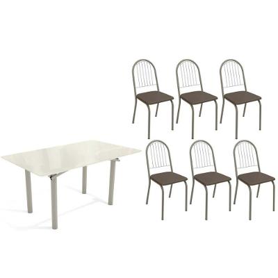 Sala de Jantar Elba 6 Lugares Tampo MDF com Vidro Madeirado Off White 160CM Kappesberg