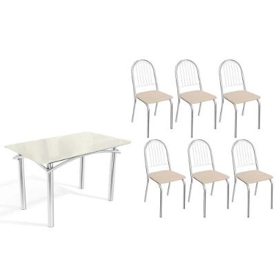 Sala de Jantar Elba 6 Lugares Tampo MDF com Vidro Cadeiras Cromadas Courano Bege 120CM Kappesberg