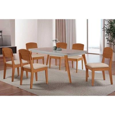 Sala de Jantar Havana 6 Lugares Tampo em Vidro com Cadeiras Estofadas Suede Creme 180CM Móveis
