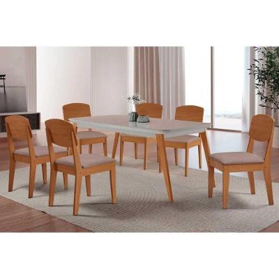 Sala de Jantar Havana 6 Lugares Tampo em Vidro com Cadeiras Estofadas Linho Capuccino 180CM Móveis