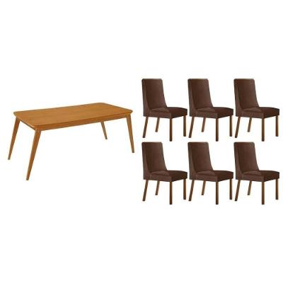 Sala de Jantar Havana 6 Lugares Tampo MDF Canto Curvo 180X90CM Suede Marrom Móveis Rufato