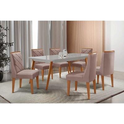 Sala de Jantar Havana 6 Lugares Tampo MDF com Cadeiras Estofadas Linho Capuccino 180CM Móveis Rufato